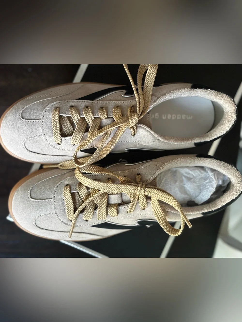 Madden Girl NEW Women’s Taupe Beige Suede Sneakers with Black Accent Gum Sole